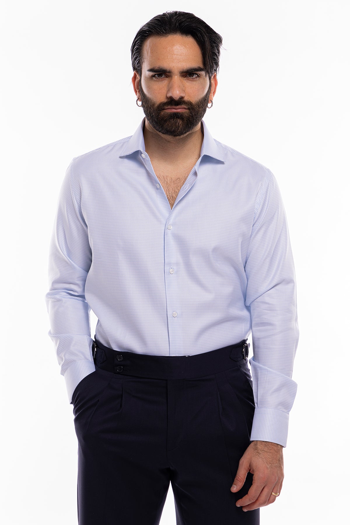 Camicia Uomo regular fit in cotone 100% fantasia pied de poule celeste Collo semi francese