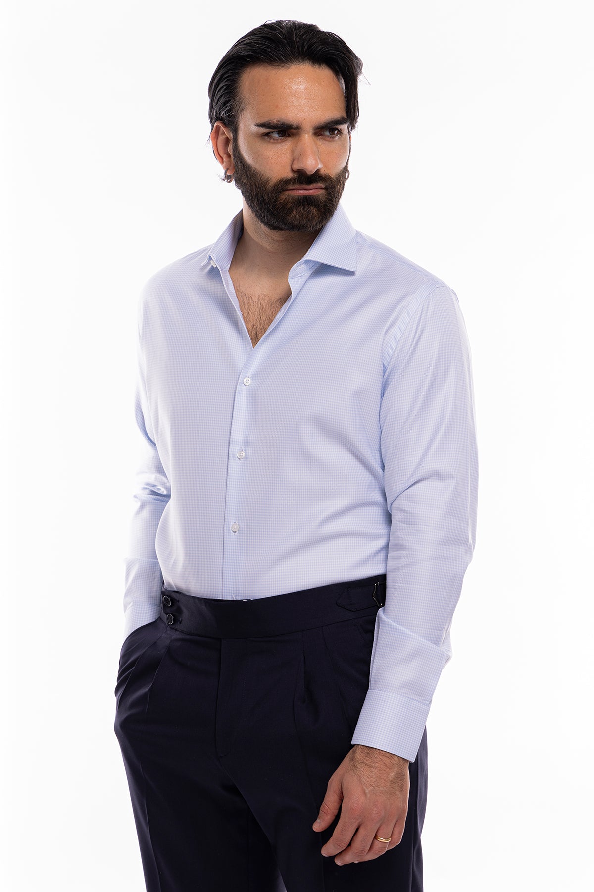 Camicia Uomo regular fit in cotone 100% fantasia pied de poule celeste Collo semi francese