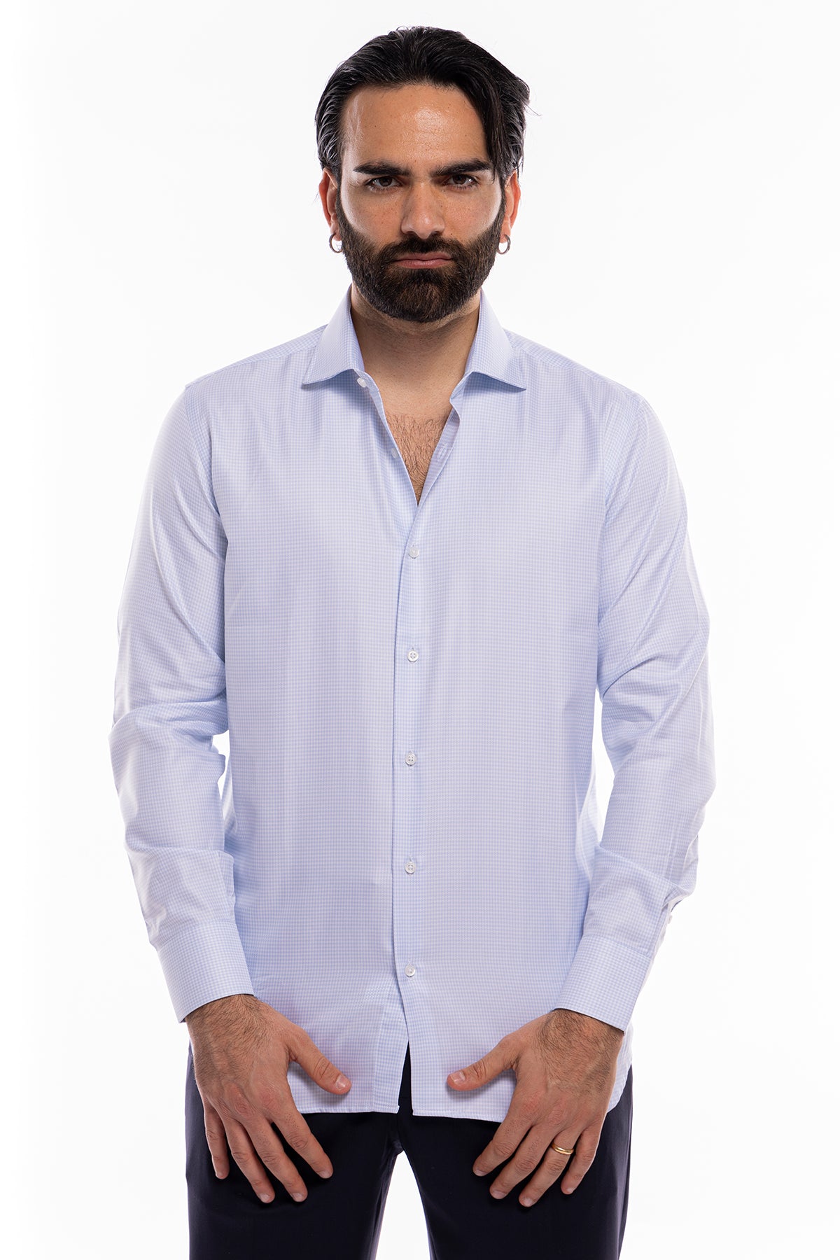 Camicia Uomo regular fit in cotone 100% fantasia pied de poule celeste Collo semi francese