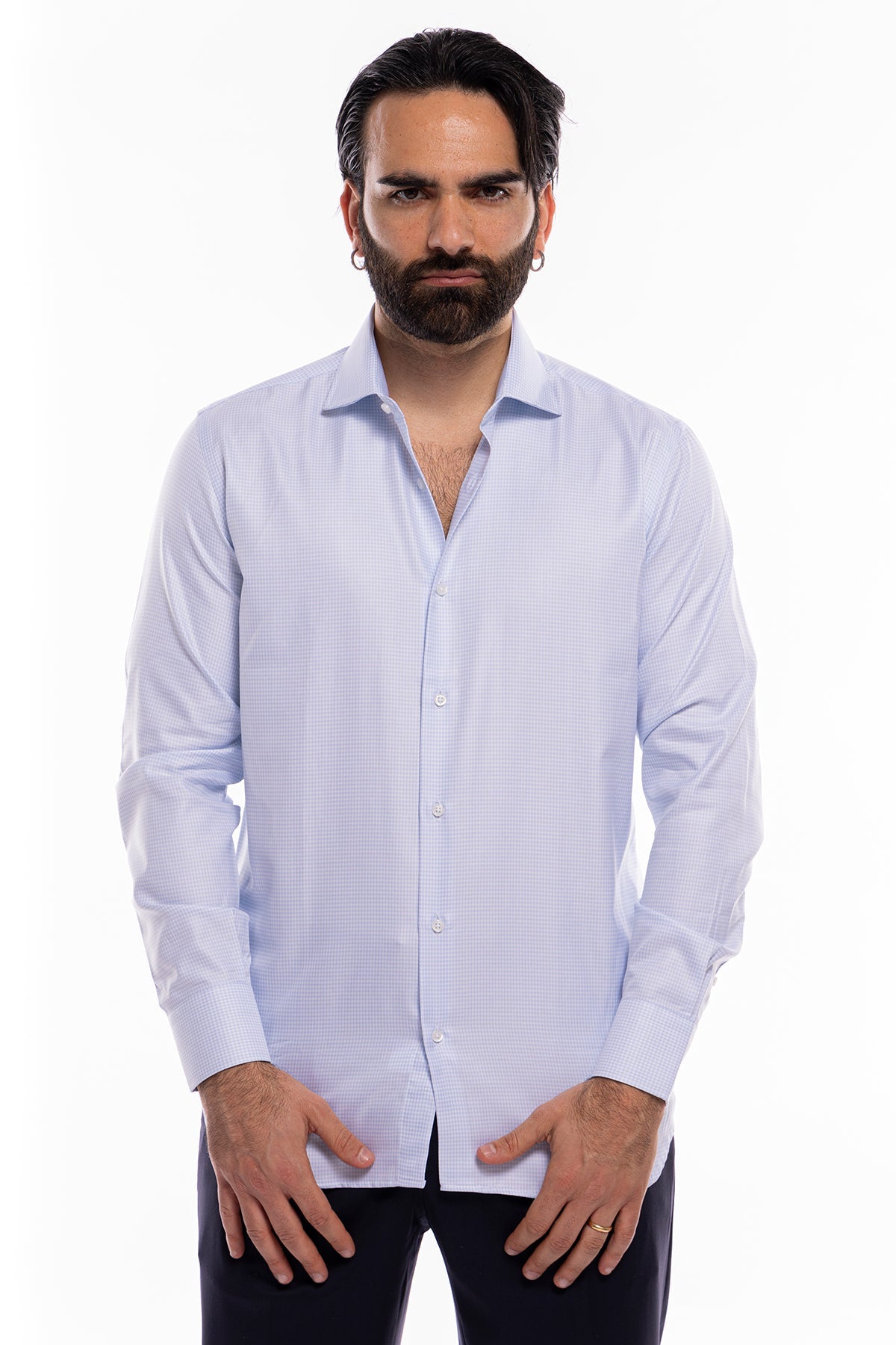 Camicia Uomo regular fit in cotone 100% fantasia pied de poule celeste Collo semi francese