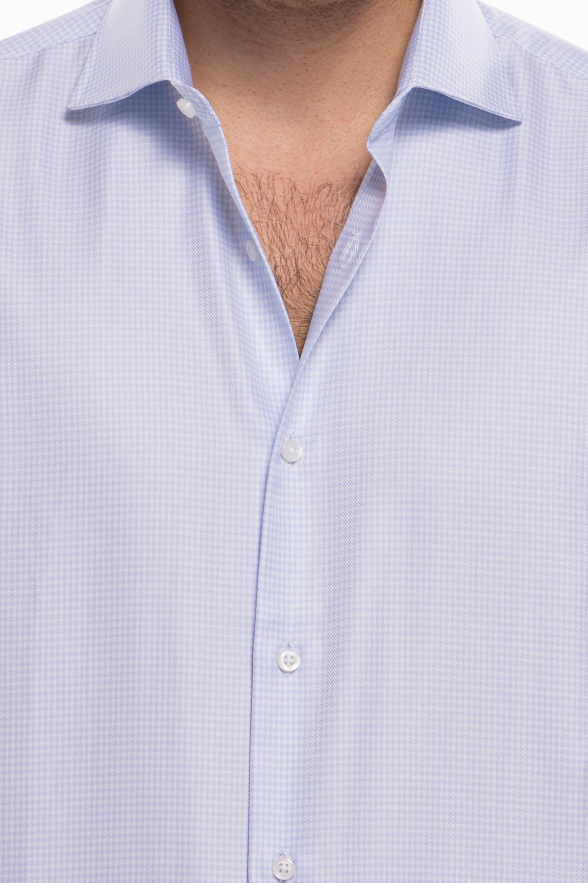 Camicia Uomo regular fit in cotone 100% fantasia pied de poule celeste Collo semi francese