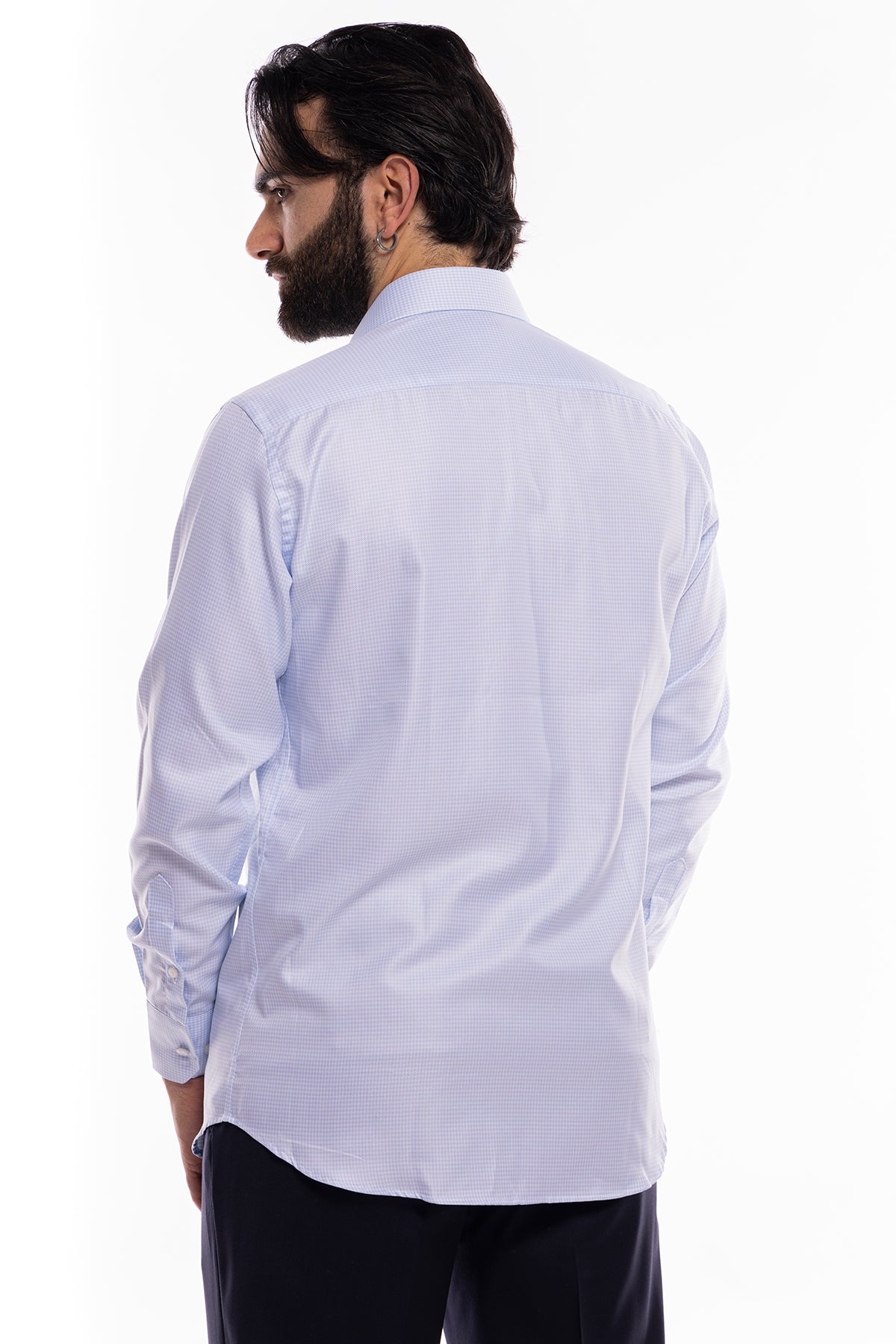 Camicia Uomo regular fit in cotone 100% fantasia pied de poule celeste Collo semi francese