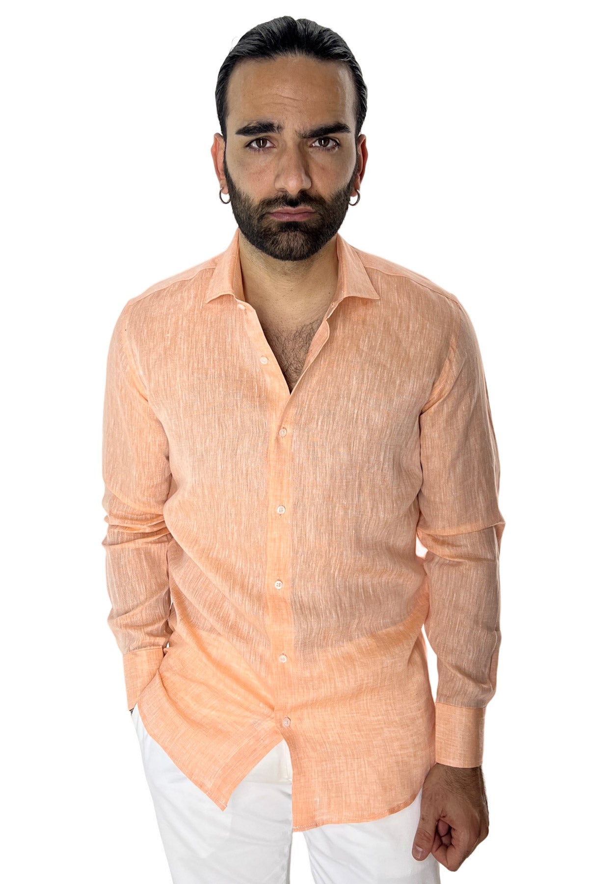 Camicia Uomo regular Fit 100% Lino effetto melange collo semi francese morbido made in italy