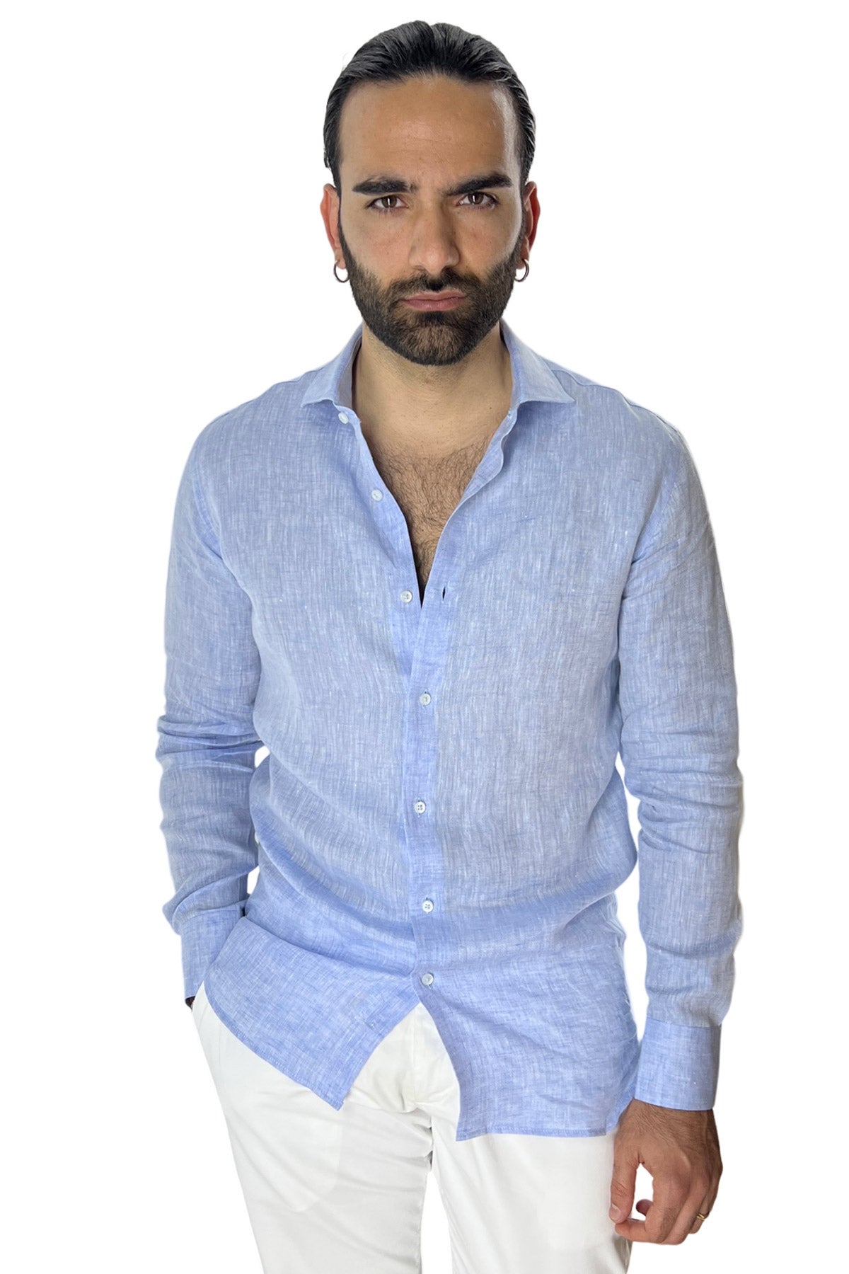 Camicia Uomo regular Fit 100% Lino effetto melange collo semi francese morbido made in italy