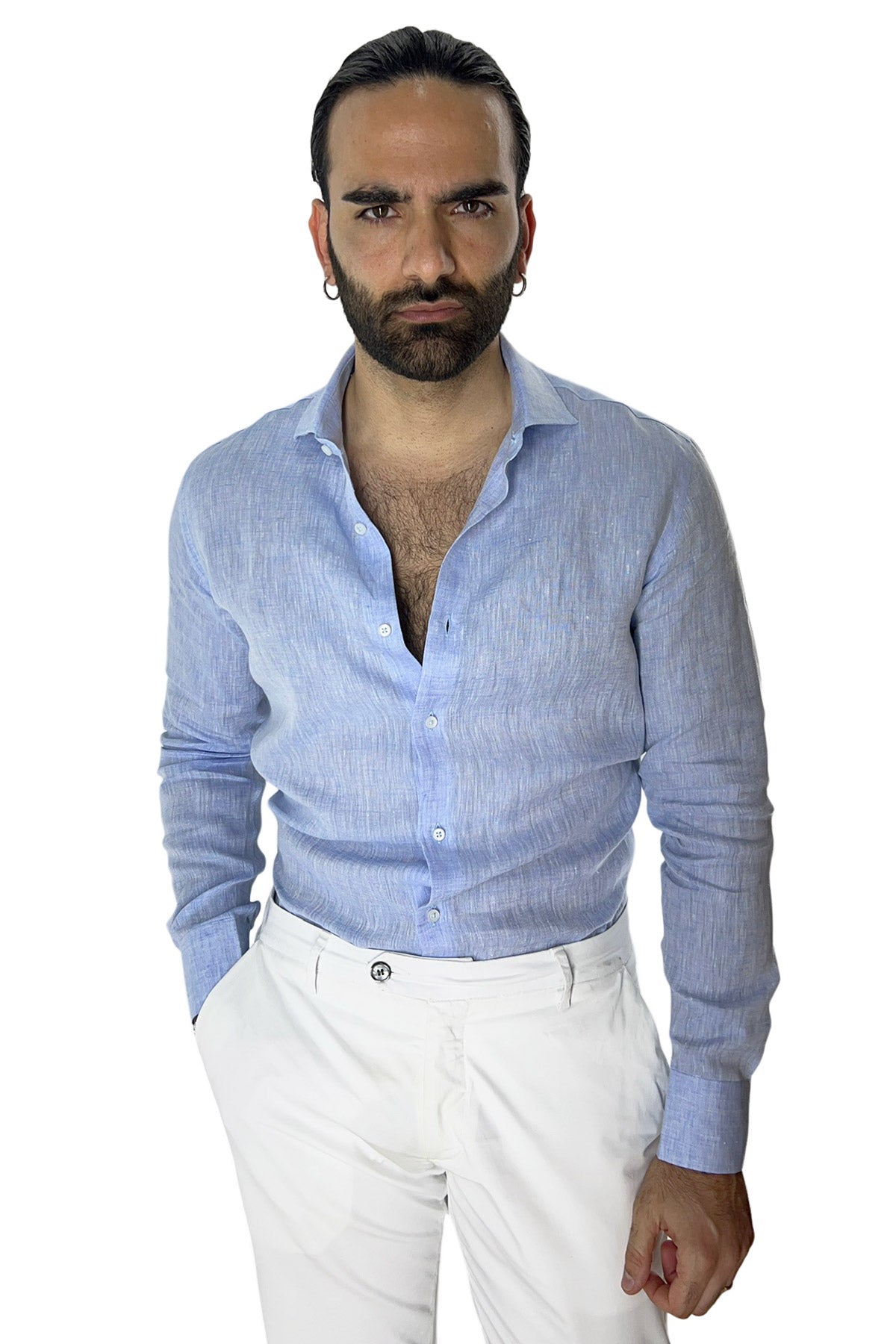Camicia Uomo regular Fit 100% Lino effetto melange collo semi francese morbido made in italy