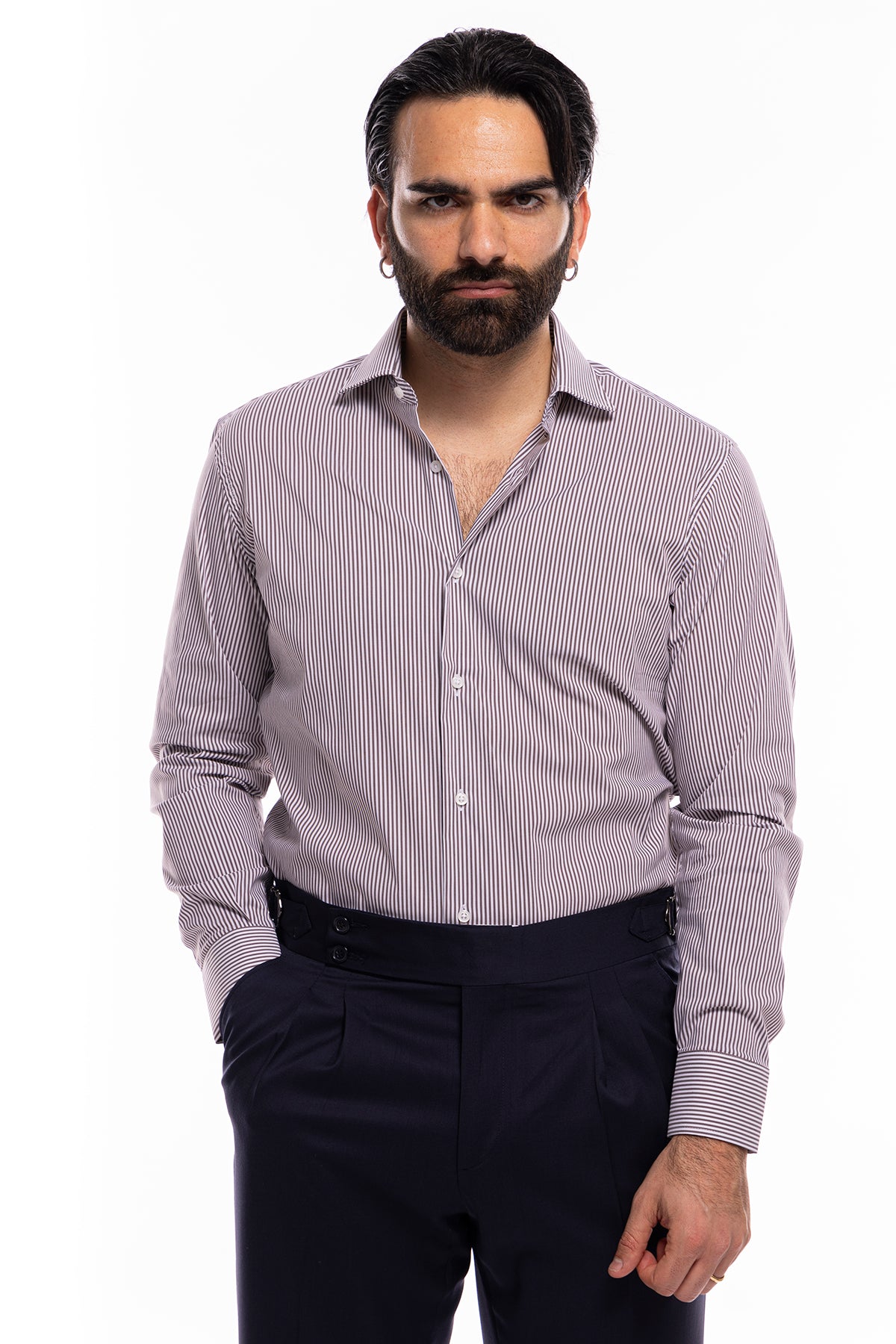 Camicia Uomo riga larga cotone elasticizzato collo semi francese Regular Fit made in italy