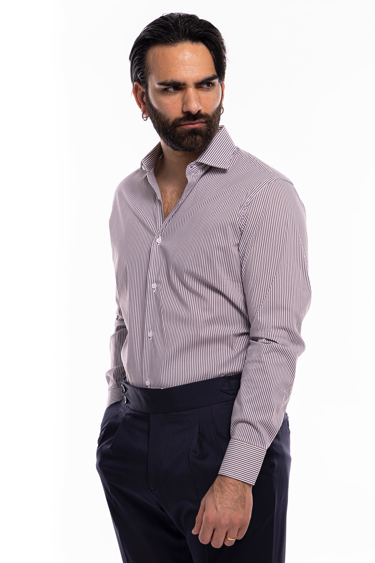 Camicia Uomo riga larga cotone elasticizzato collo semi francese Regular Fit made in italy