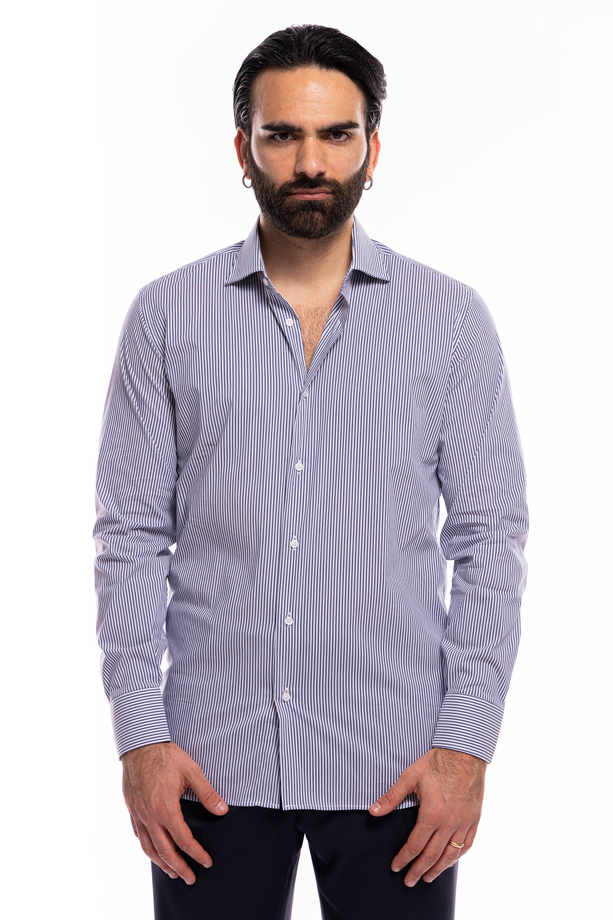 Camicia Uomo riga larga cotone elasticizzato collo semi francese Regular Fit made in italy