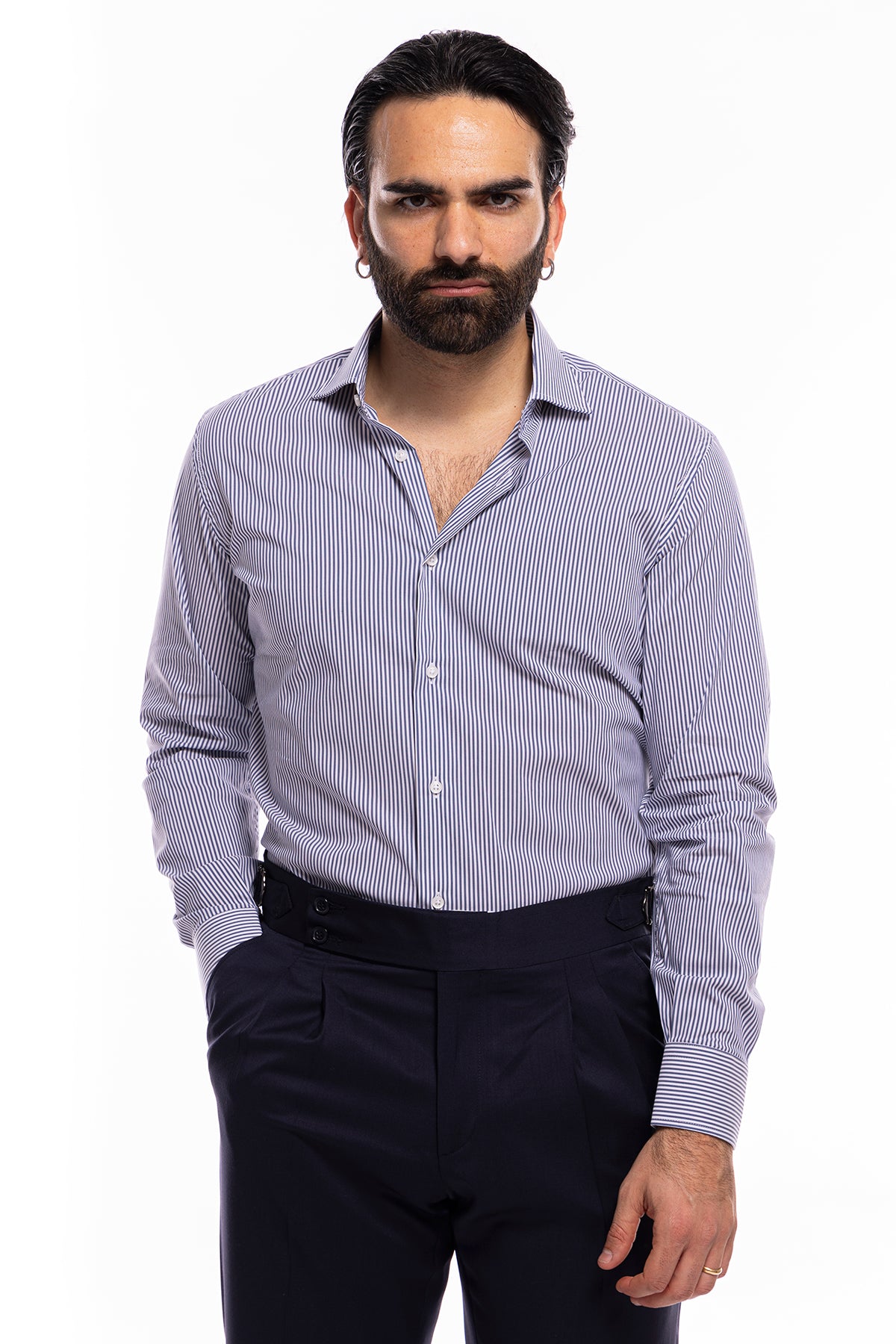 Camicia Uomo riga larga cotone elasticizzato collo semi francese Regular Fit made in italy
