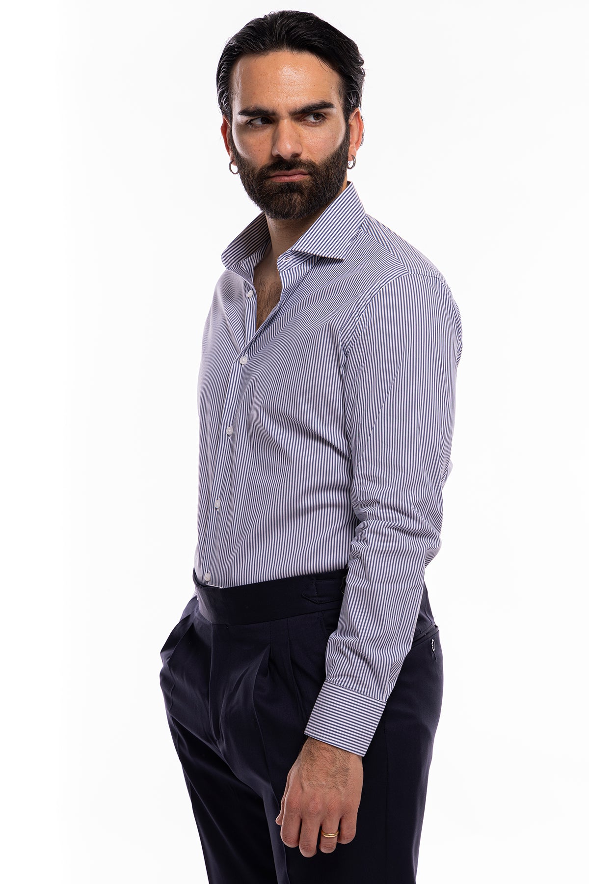 Camicia Uomo riga larga cotone elasticizzato collo semi francese Regular Fit made in italy