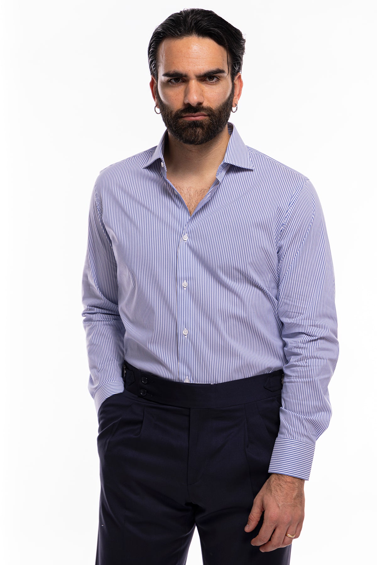 Camicia Uomo riga larga cotone elasticizzato collo semi francese Regular Fit made in italy