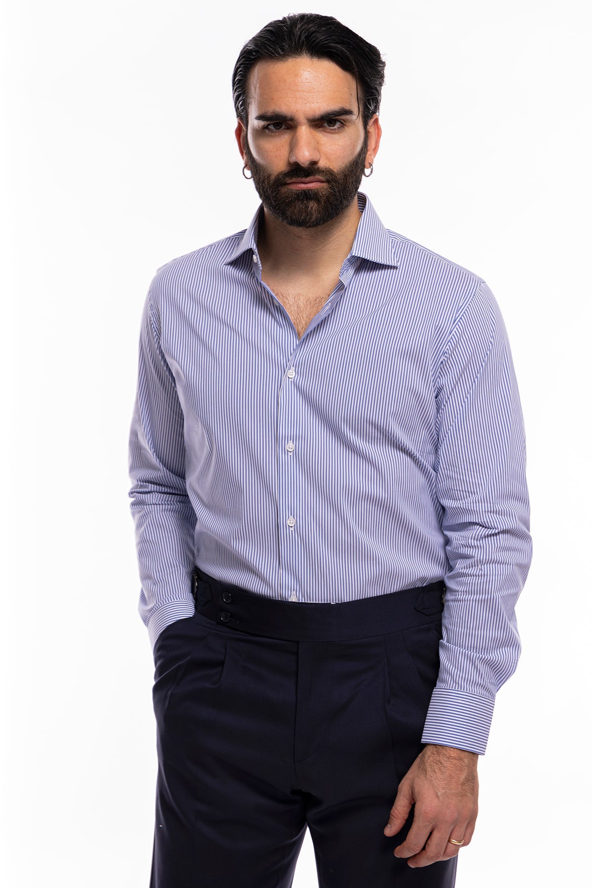Camicia Uomo riga larga cotone elasticizzato collo semi francese Regular Fit made in italy