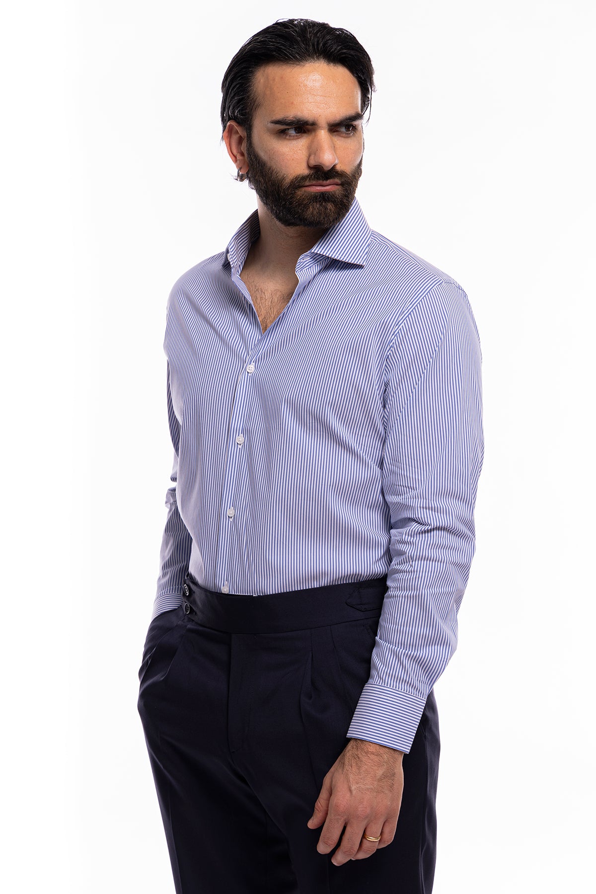 Camicia Uomo riga larga cotone elasticizzato collo semi francese Regular Fit made in italy