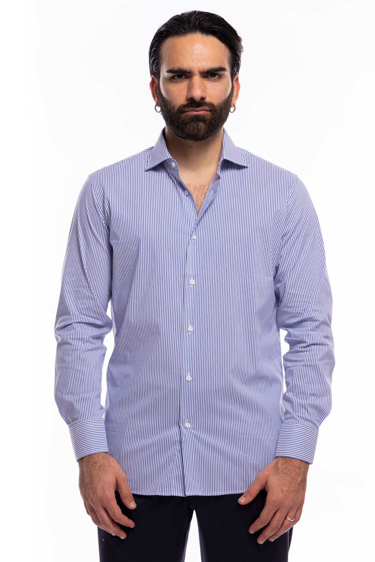 Camicia Uomo riga larga cotone elasticizzato collo semi francese Regular Fit made in italy