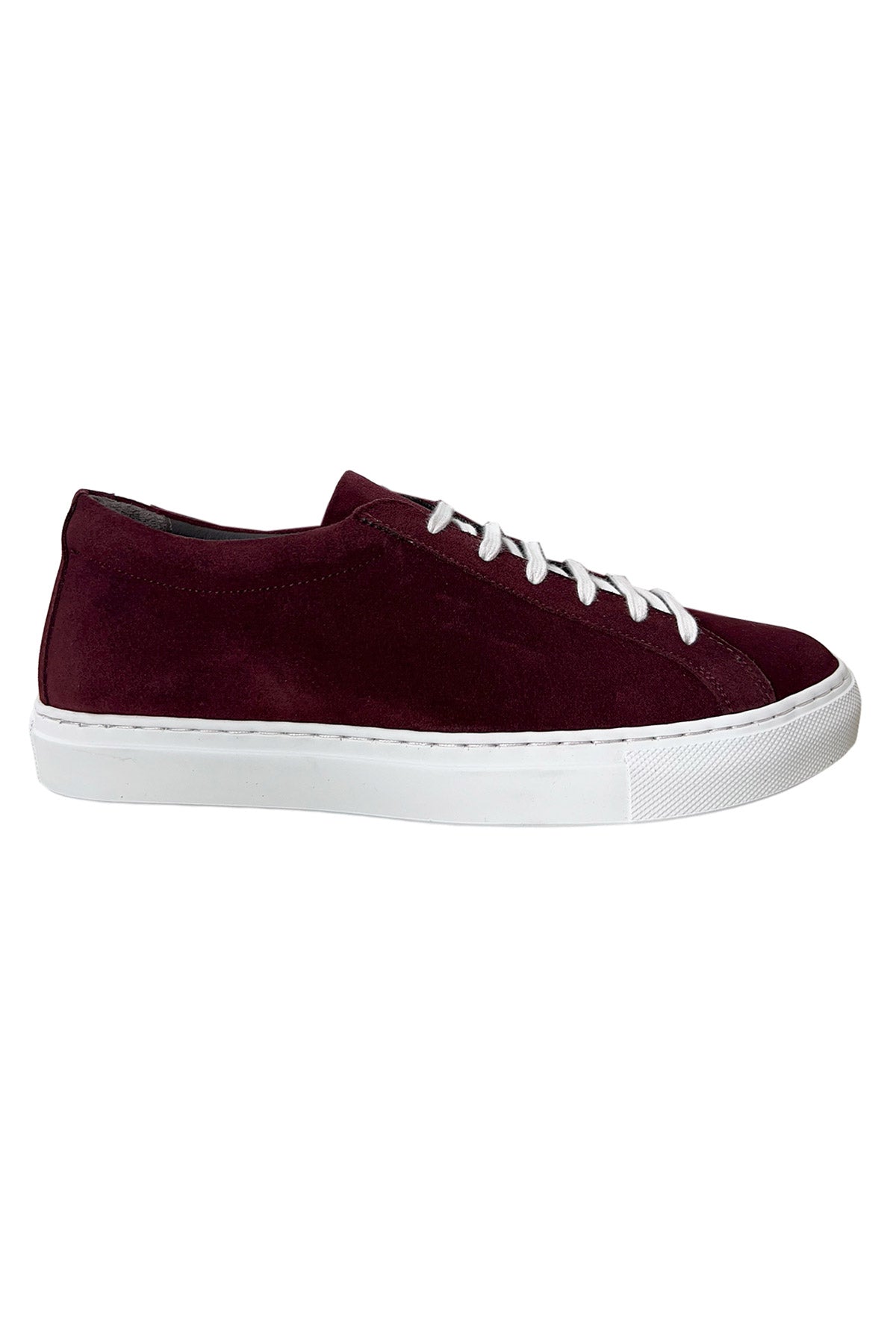 Sneakers uomo bordeaux in camoscio con suola in gomma bianca made in italy