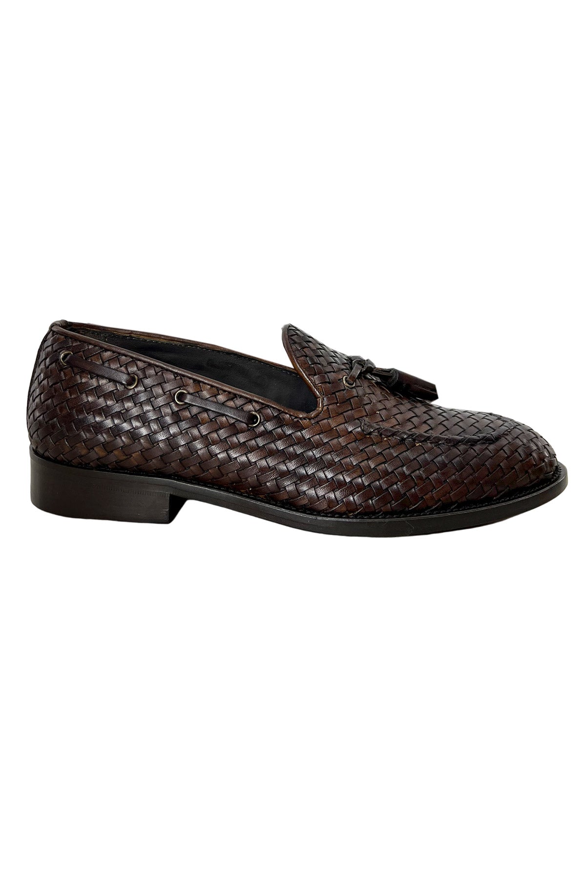 Mocassini uomo marroni  in vera pelle intrecciata con nappine e suola in cuoio made in italy