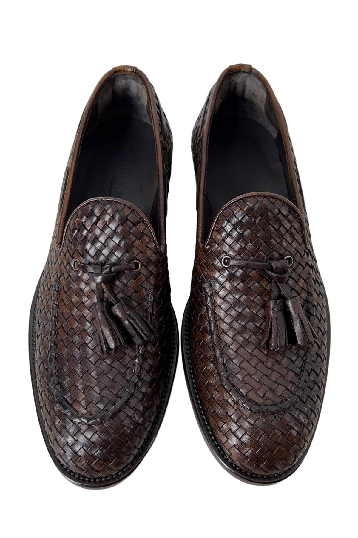 Mocassini uomo marroni  in vera pelle intrecciata con nappine e suola in cuoio made in italy