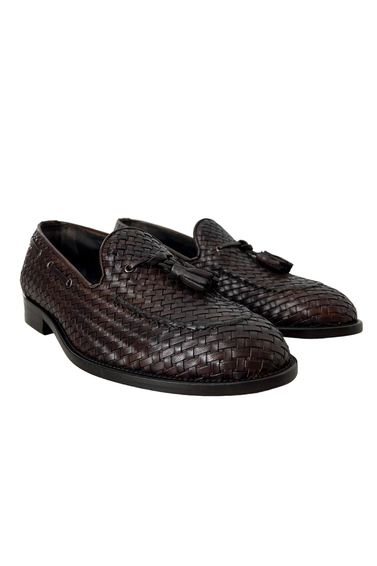 Mocassini uomo marroni  in vera pelle intrecciata con nappine e suola in cuoio made in italy