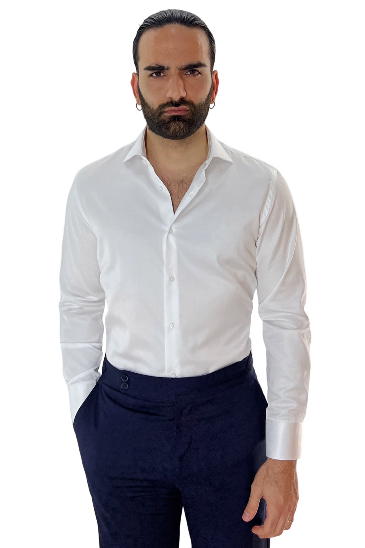 Camicia Uomo slim Fit 100% cotone Tinta unita collo semi francese