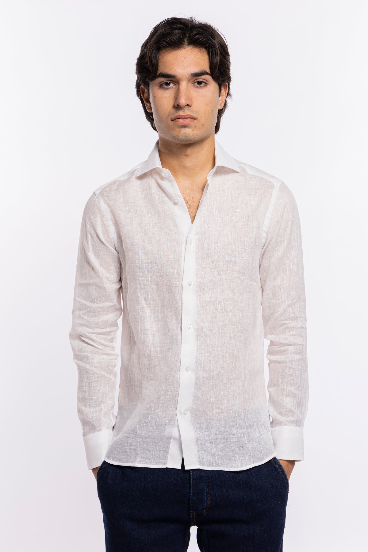 Camicia Uomo slim Fit 100% Lino Tinta unita made in italy collo semi francese morbido