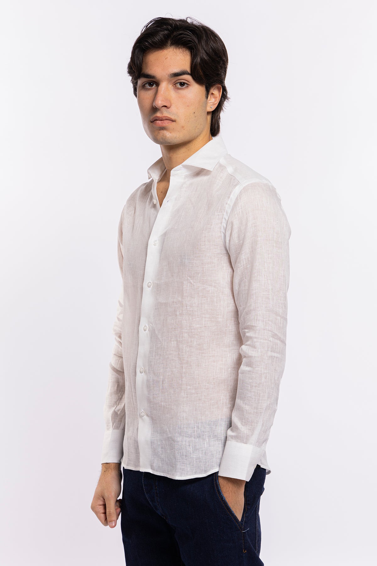 Camicia Uomo slim Fit 100% Lino Tinta unita made in italy collo semi francese morbido