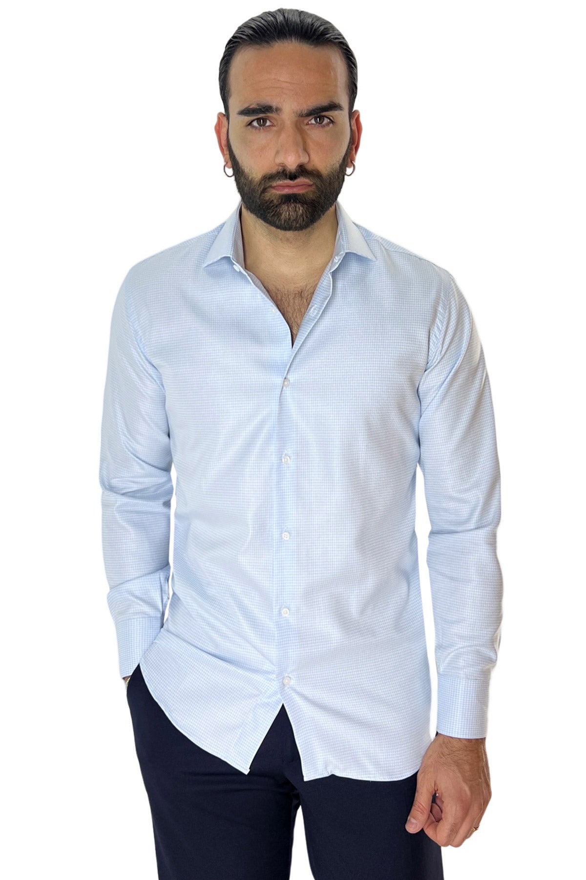Camicia Uomo Slim fit in cotone 100% fantasia pied de poule celeste Collo semi francese