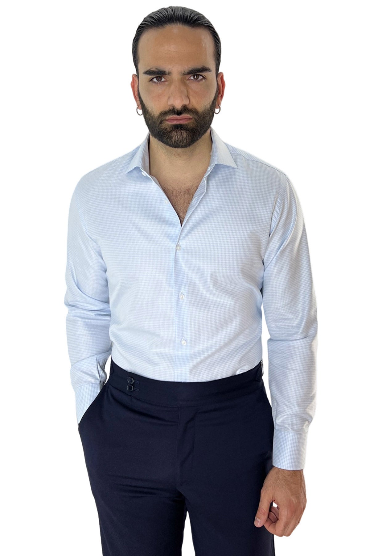 Camicia Uomo Slim fit in cotone 100% fantasia pied de poule celeste Collo semi francese