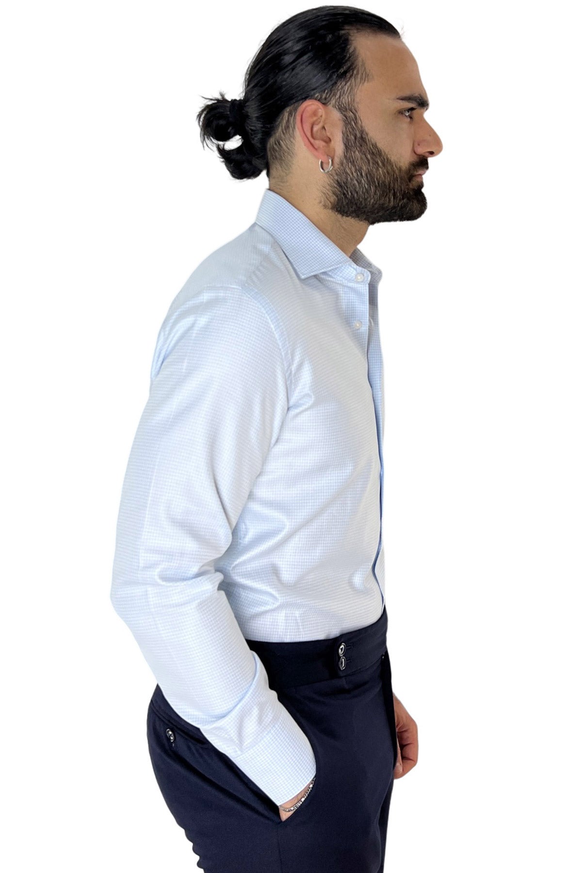 Camicia Uomo Slim fit in cotone 100% fantasia pied de poule celeste Collo semi francese