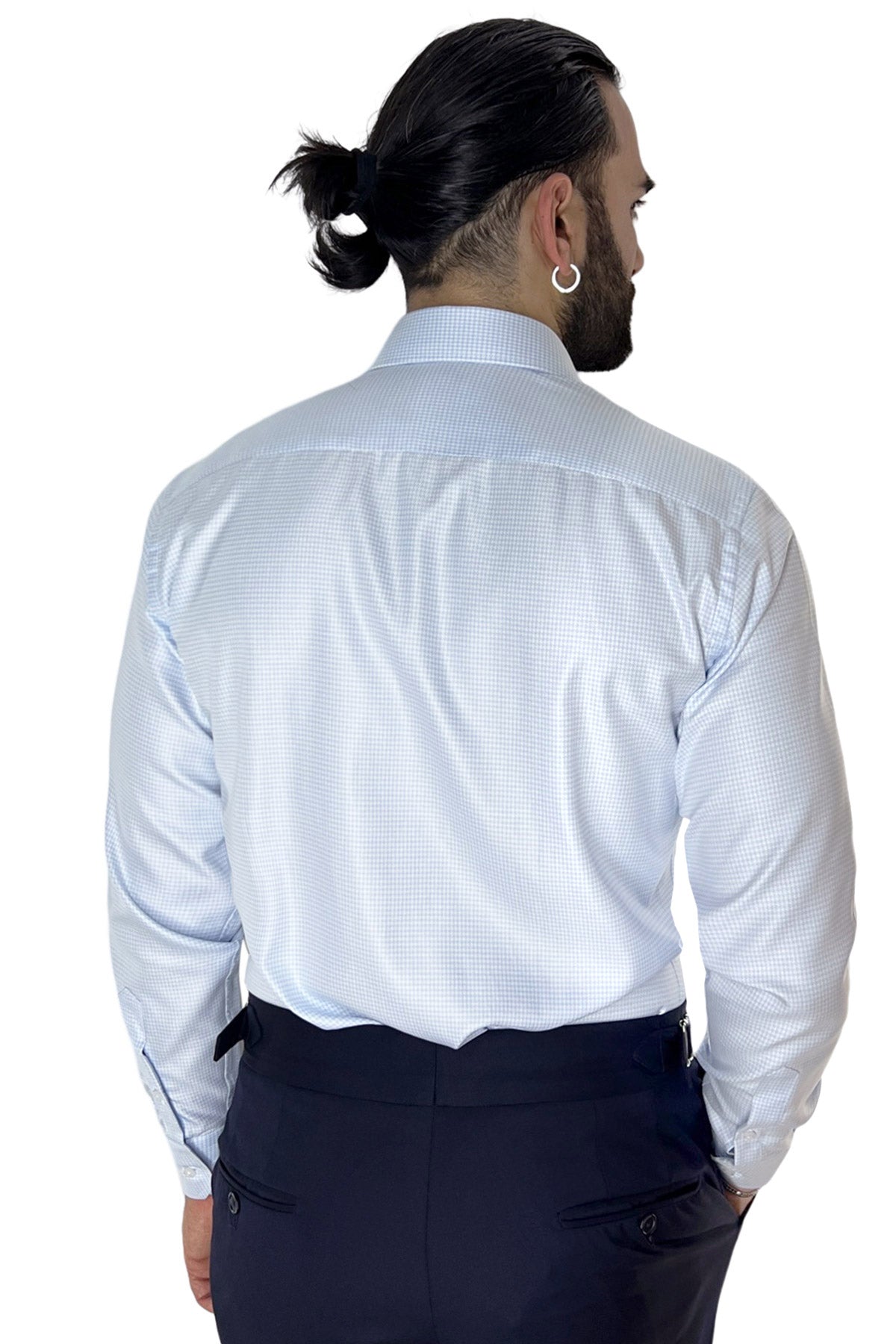 Camicia Uomo Slim fit in cotone 100% fantasia pied de poule celeste Collo semi francese