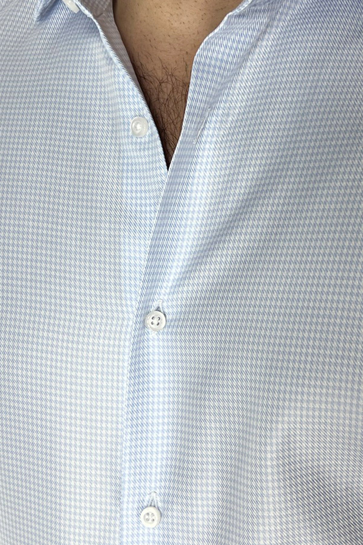 Camicia Uomo Slim fit in cotone 100% fantasia pied de poule celeste Collo semi francese