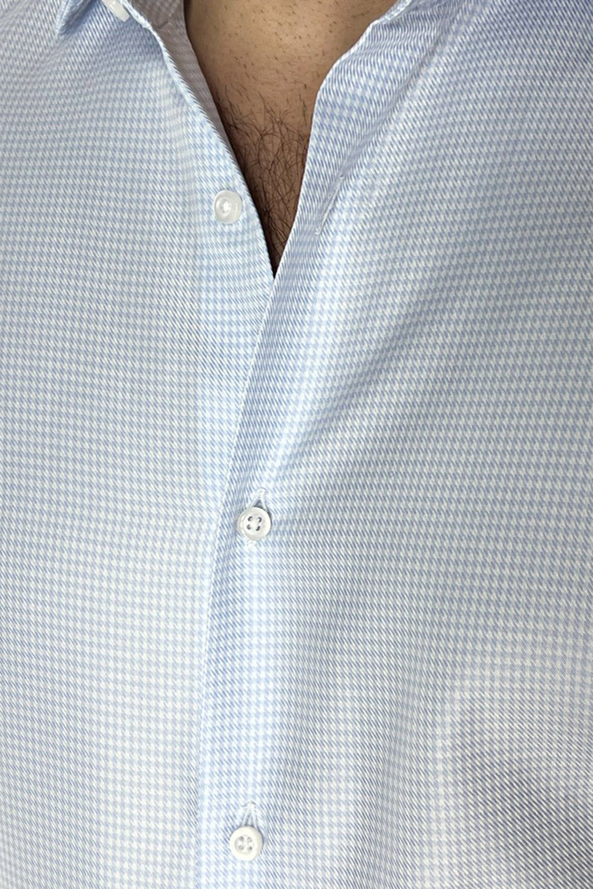 Camicia Uomo Slim fit in cotone 100% fantasia pied de poule celeste Collo semi francese