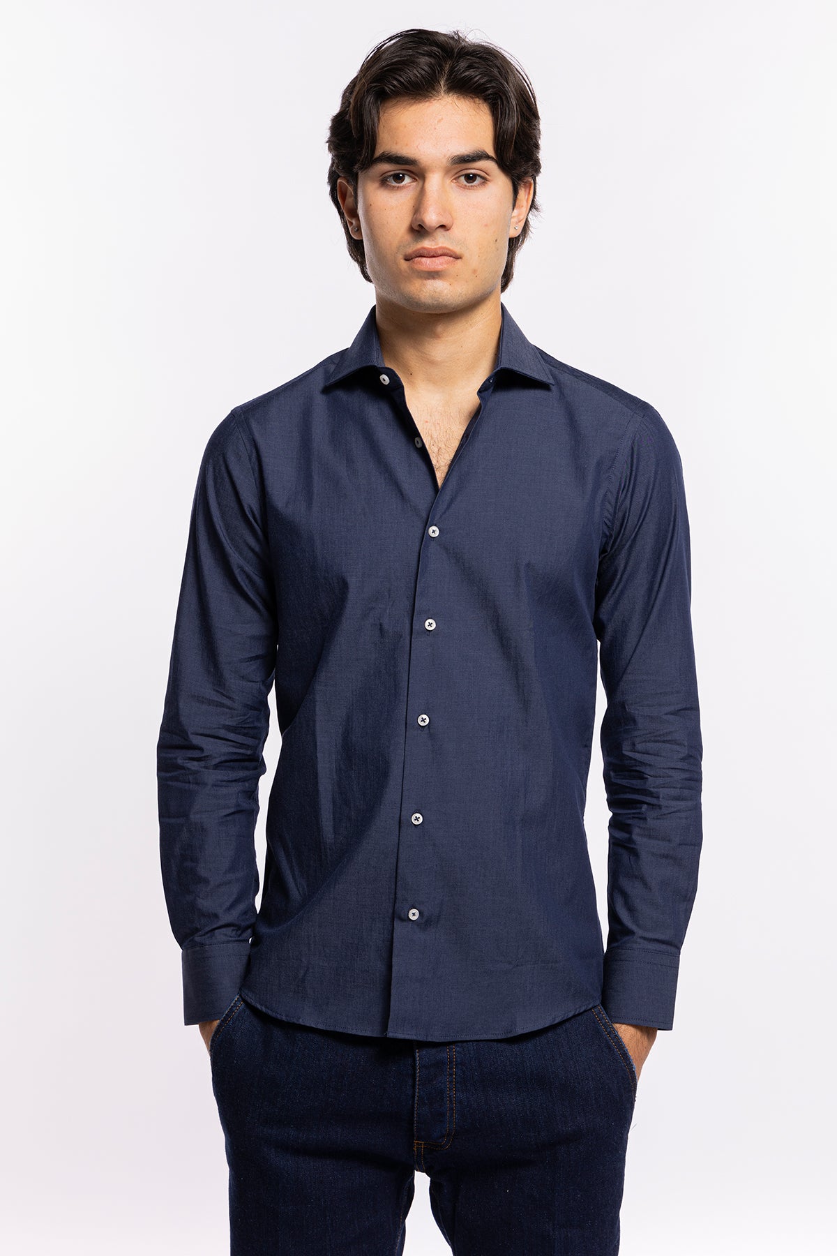 Camicia Uomo slim fit in cotone 100% denim scuro Collo semi francese
