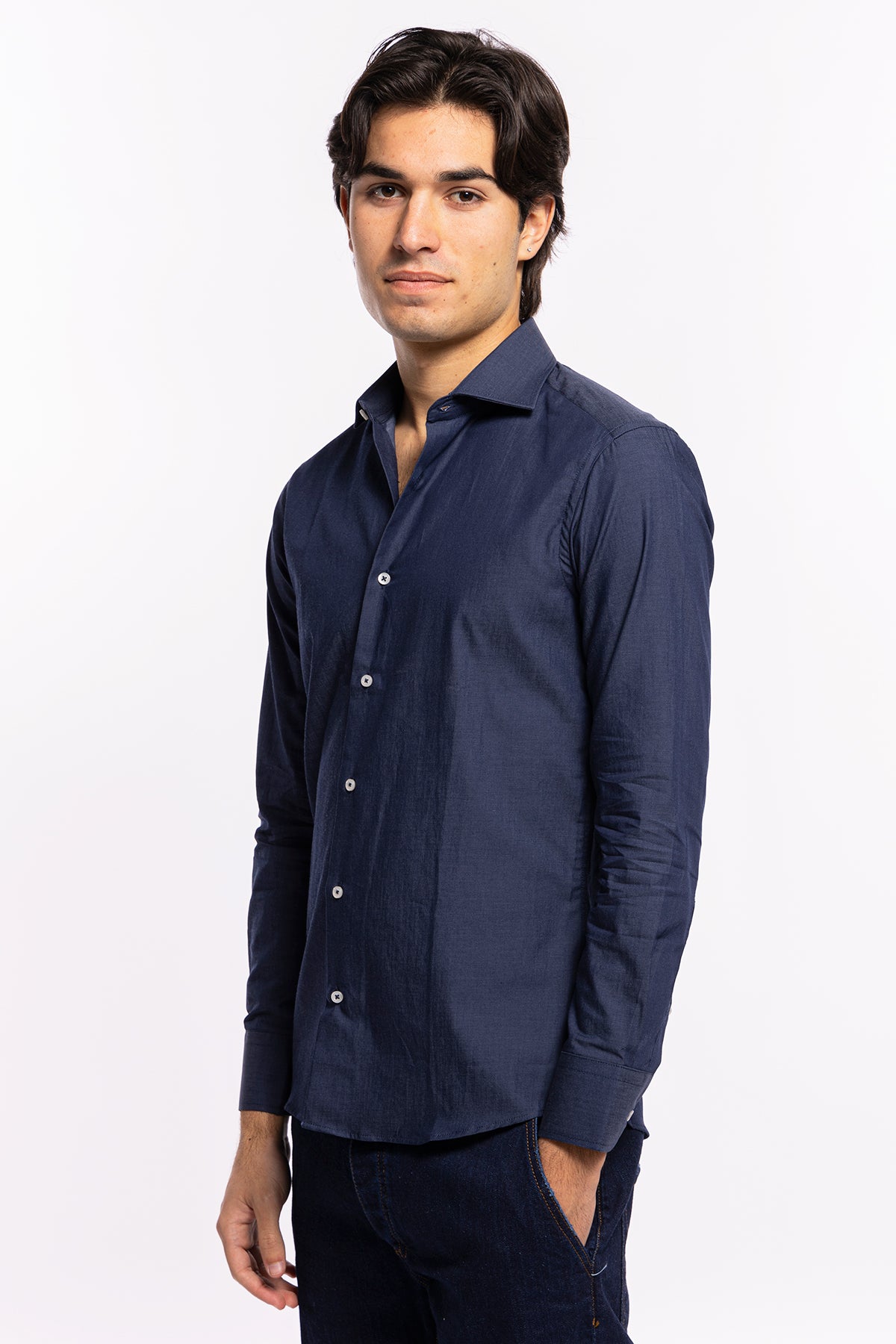 Camicia Uomo slim fit in cotone 100% denim scuro Collo semi francese