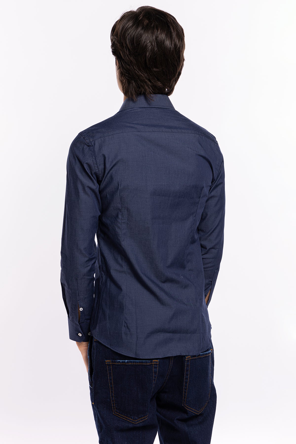 Camicia Uomo slim fit in cotone 100% denim scuro Collo semi francese