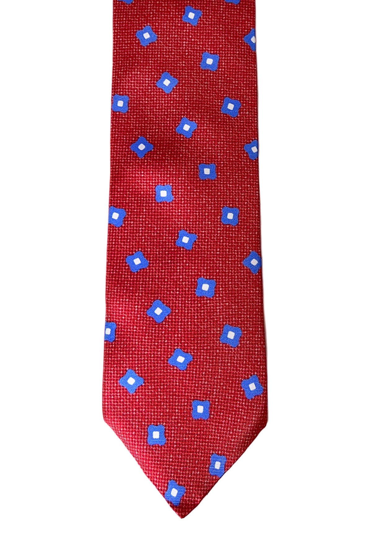 Cravatta uomo rossa fantasia blu 8cm da cerimonia elegante 100% seta