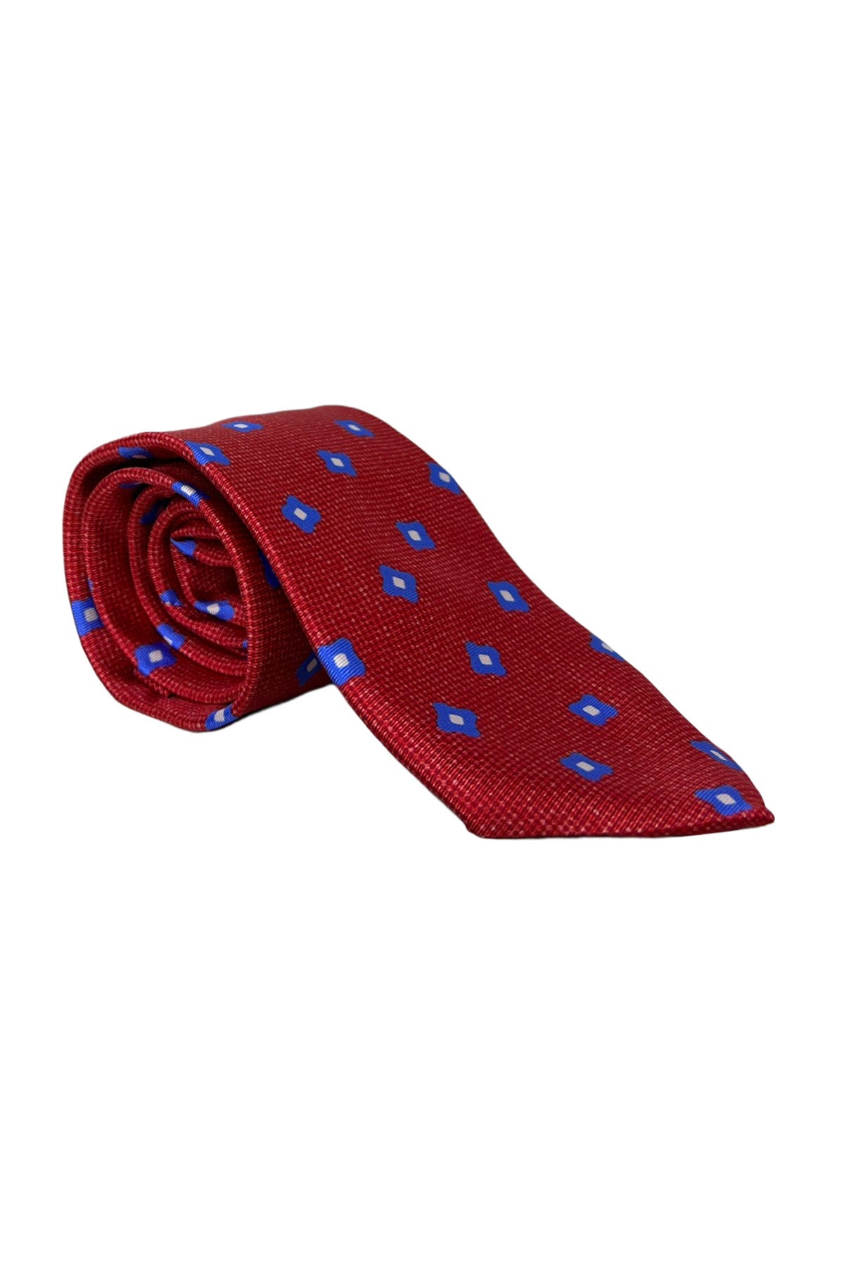 Cravatta uomo rossa fantasia blu 8cm da cerimonia elegante 100% seta