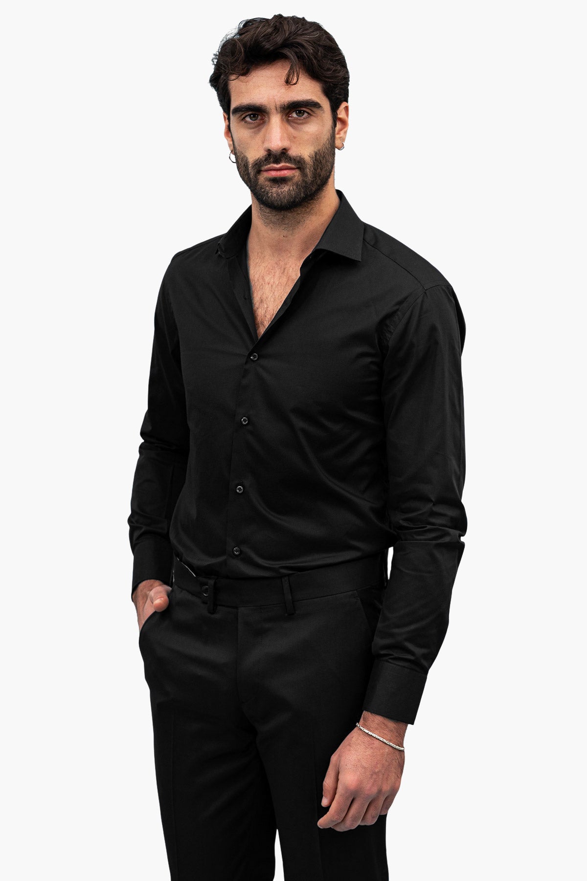 Camicia Uomo Slim Fit elasticizzata Tinta unita in cotone effetto seta collo semi francese