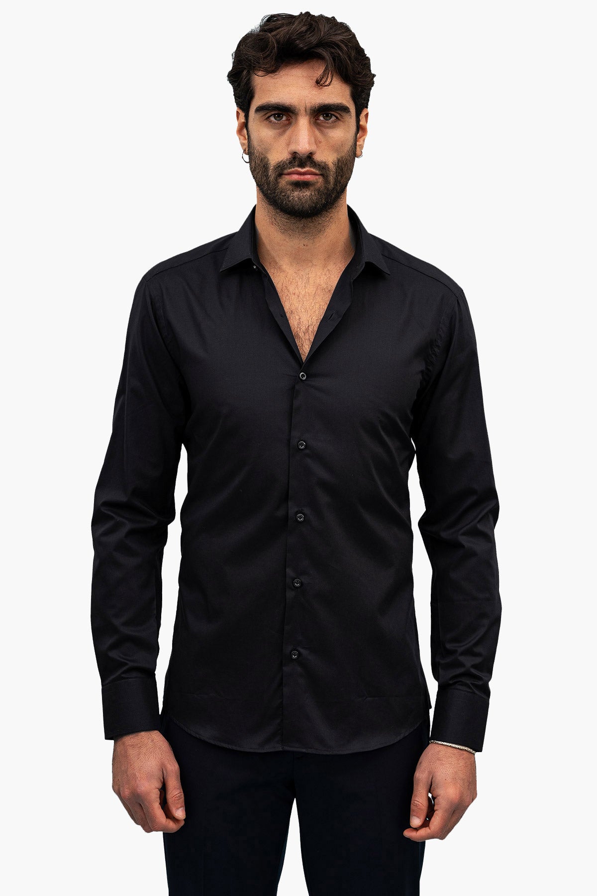 Camicia Uomo Slim Fit elasticizzata Tinta unita in cotone effetto seta collo semi francese
