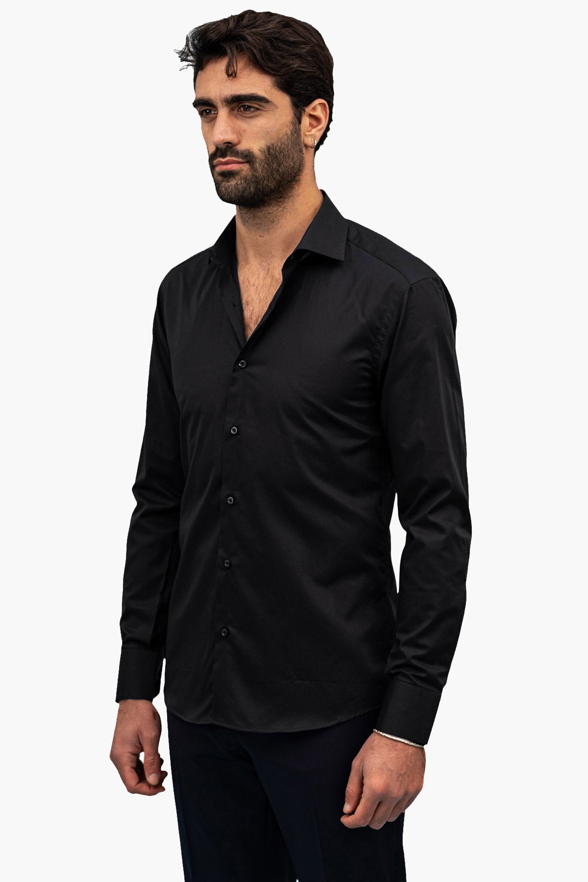 Camicia Uomo Slim Fit elasticizzata Tinta unita in cotone effetto seta collo semi francese
