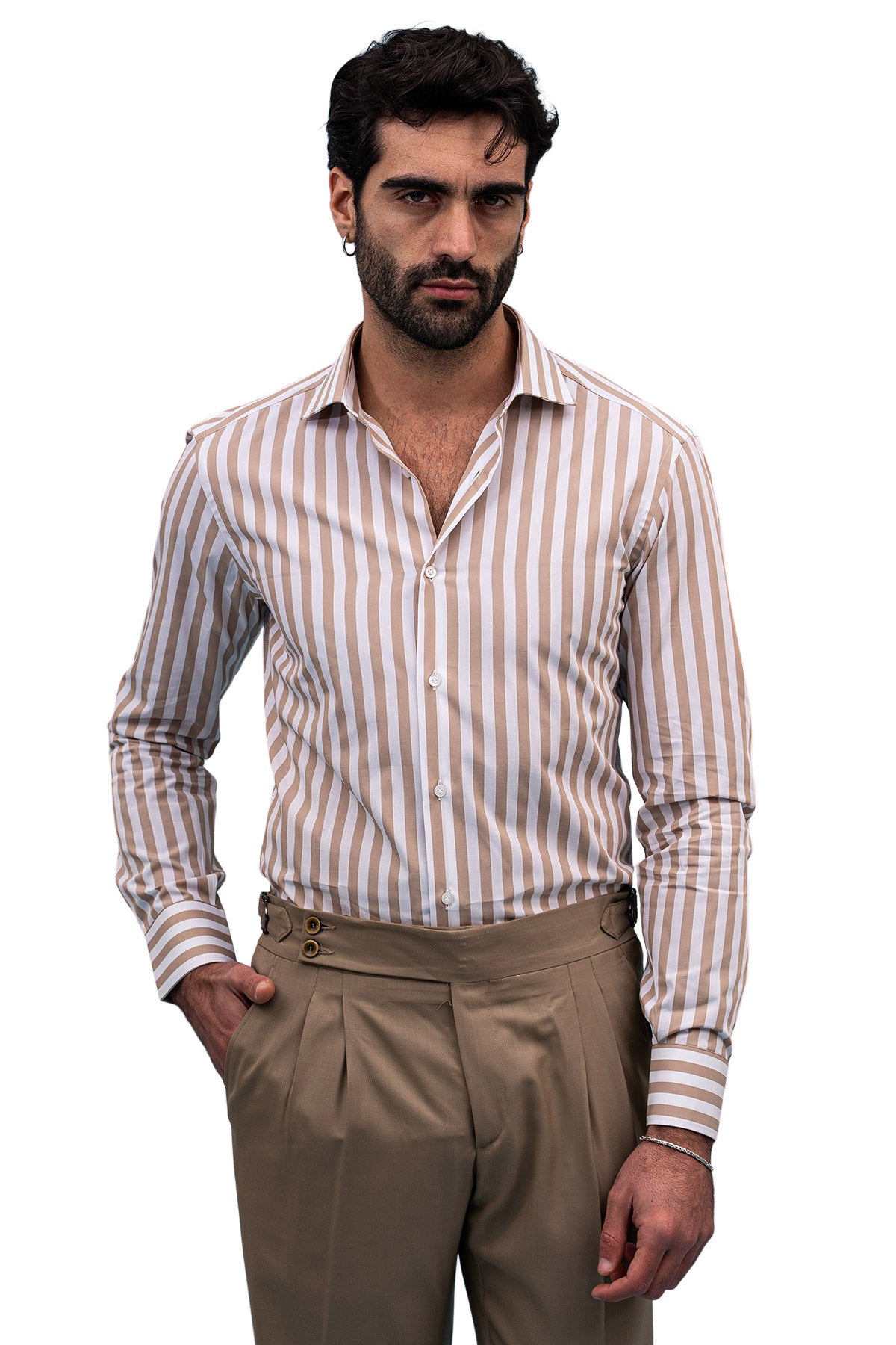 Camicia Uomo Righe Larghe slim fit cotone elastico Collo semi francese Made In Italy