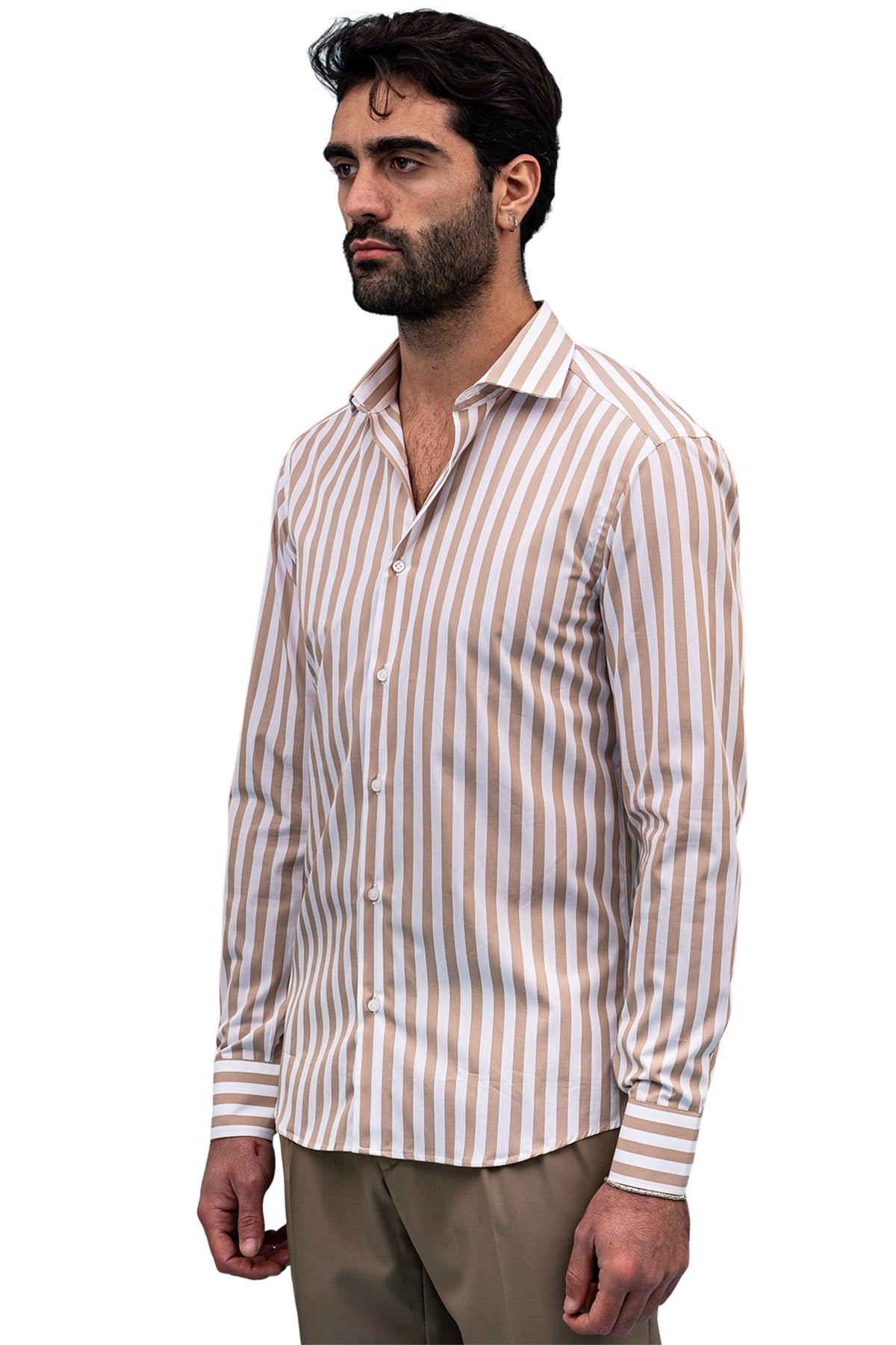 Camicia Uomo Righe Larghe slim fit cotone elastico Collo semi francese Made In Italy