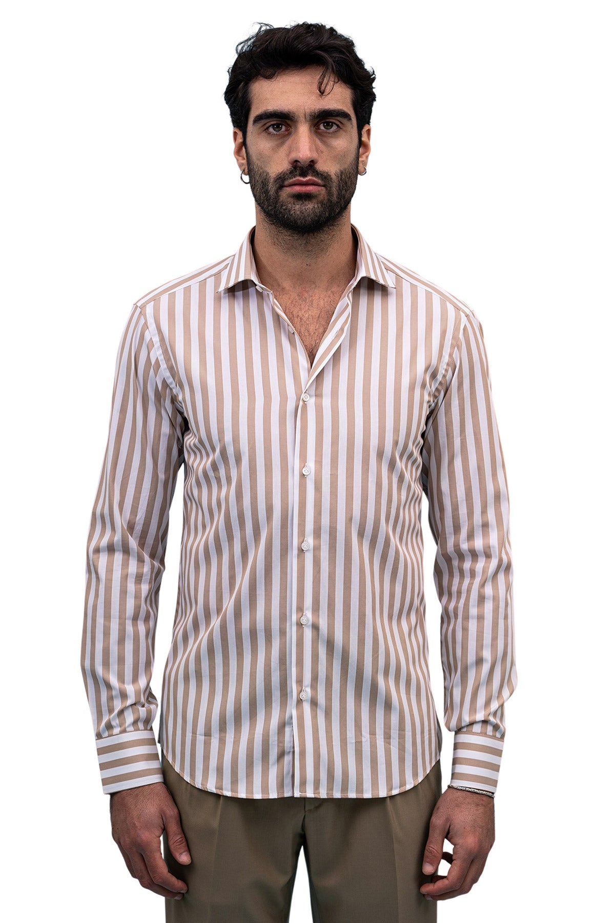 Camicia Uomo Righe Larghe slim fit cotone elastico Collo semi francese Made In Italy