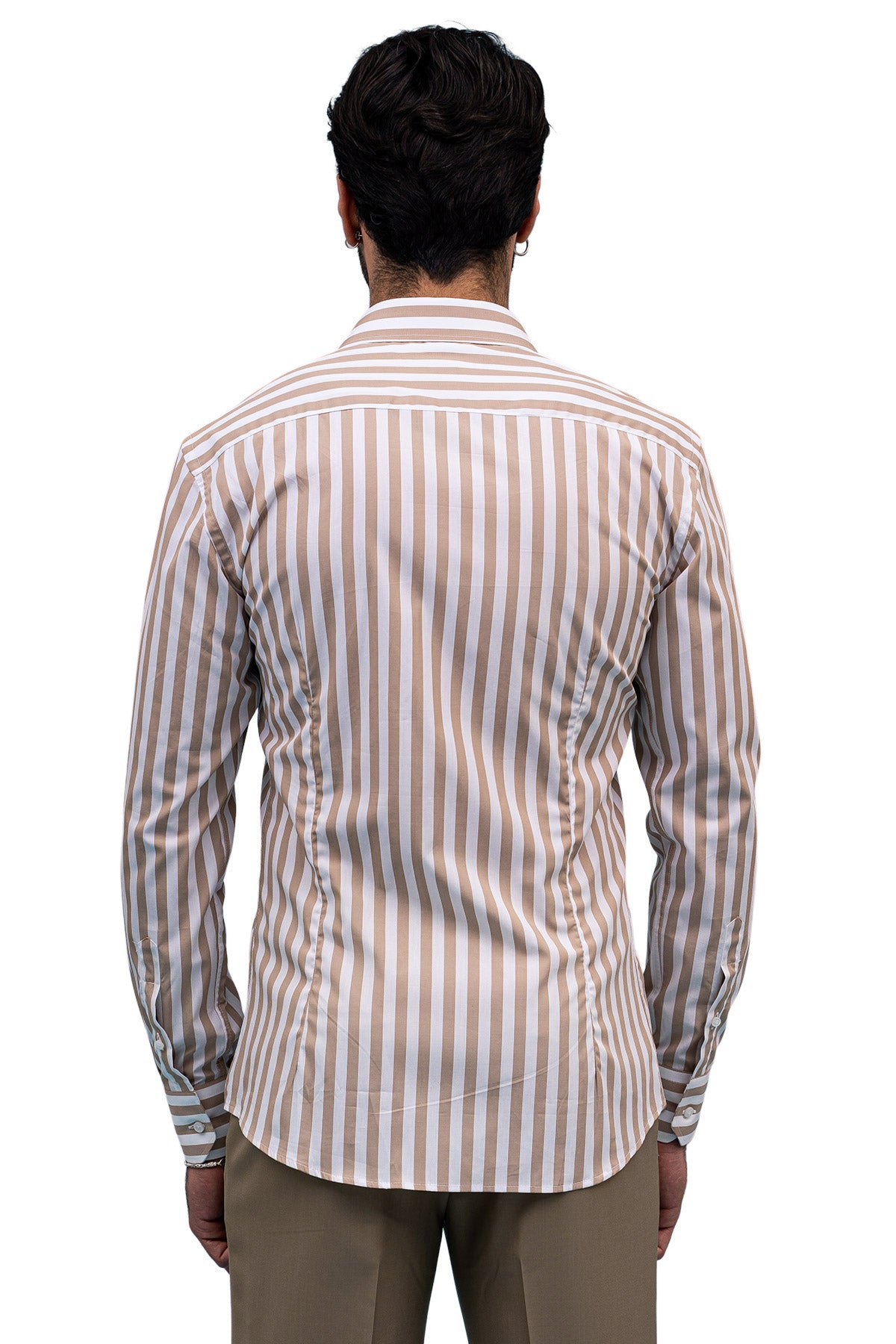 Camicia Uomo Righe Larghe slim fit cotone elastico Collo semi francese Made In Italy