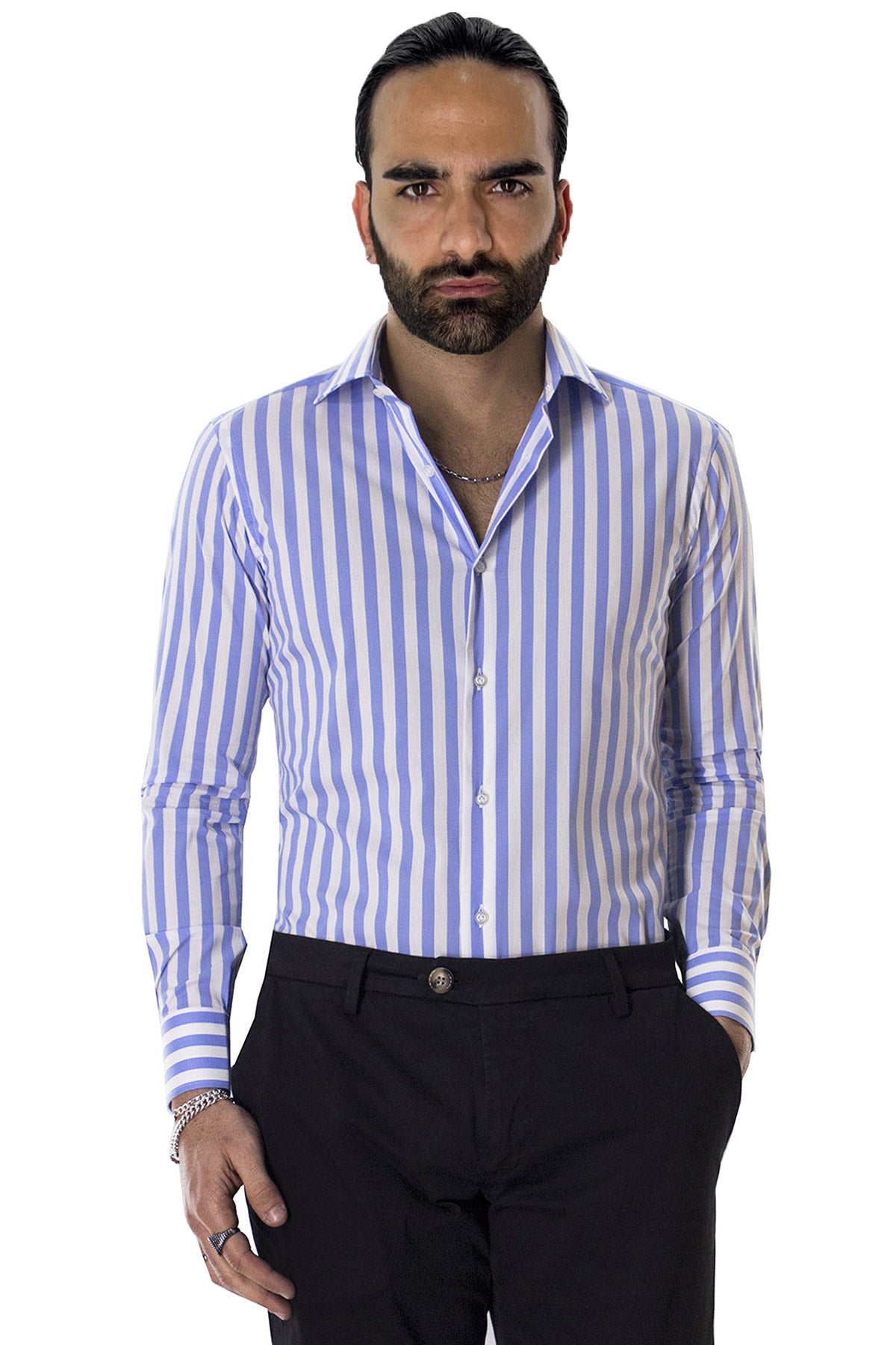 Camicia Uomo Righe Larghe slim fit cotone elastico Collo semi francese Made In Italy