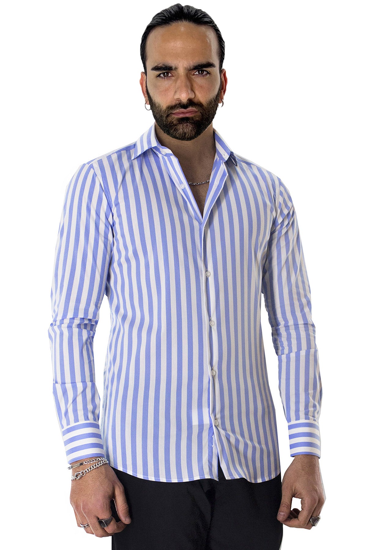 Camicia Uomo Righe Larghe slim fit cotone elastico Collo semi francese Made In Italy