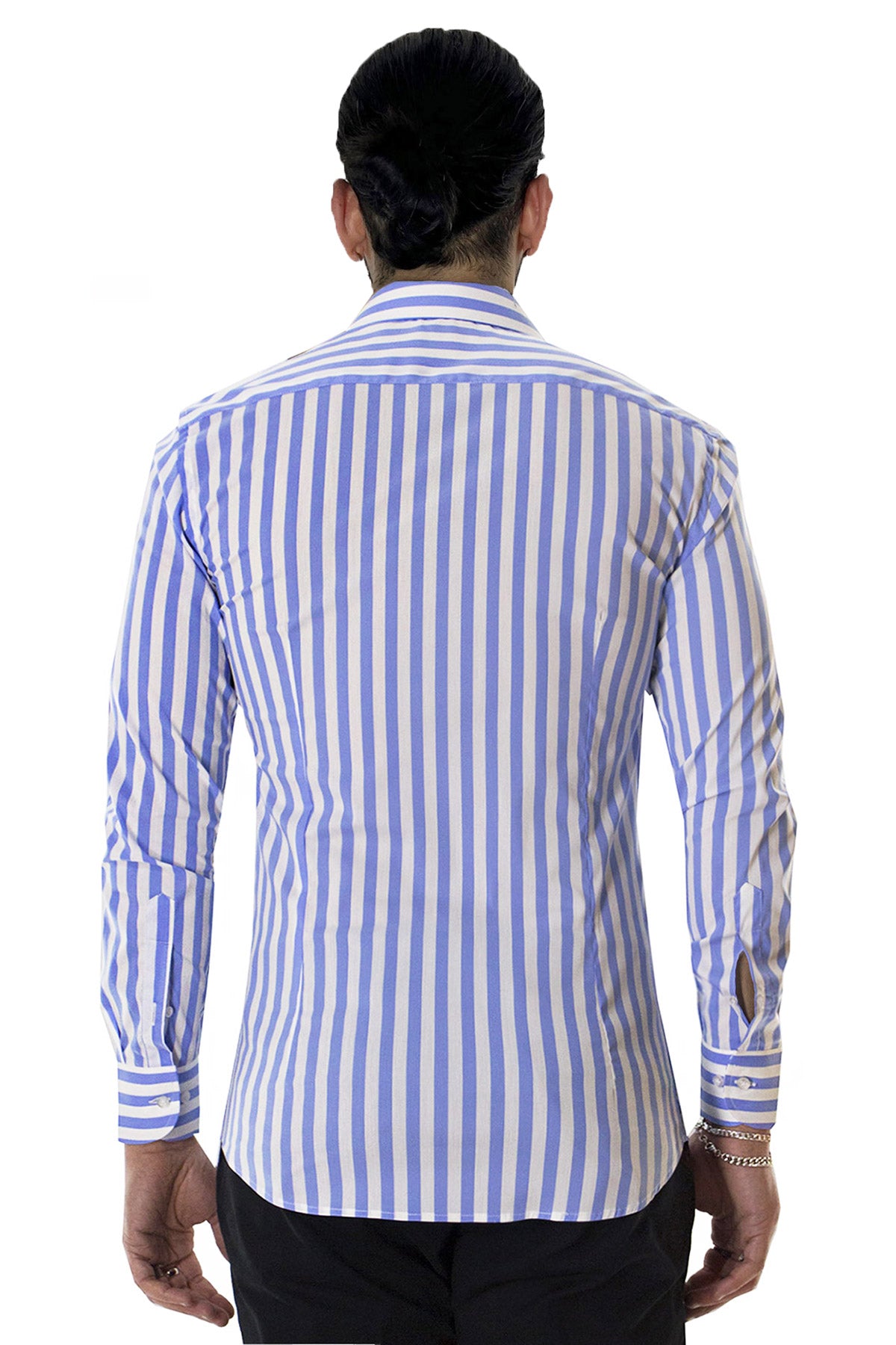 Camicia Uomo Righe Larghe slim fit cotone elastico Collo semi francese Made In Italy
