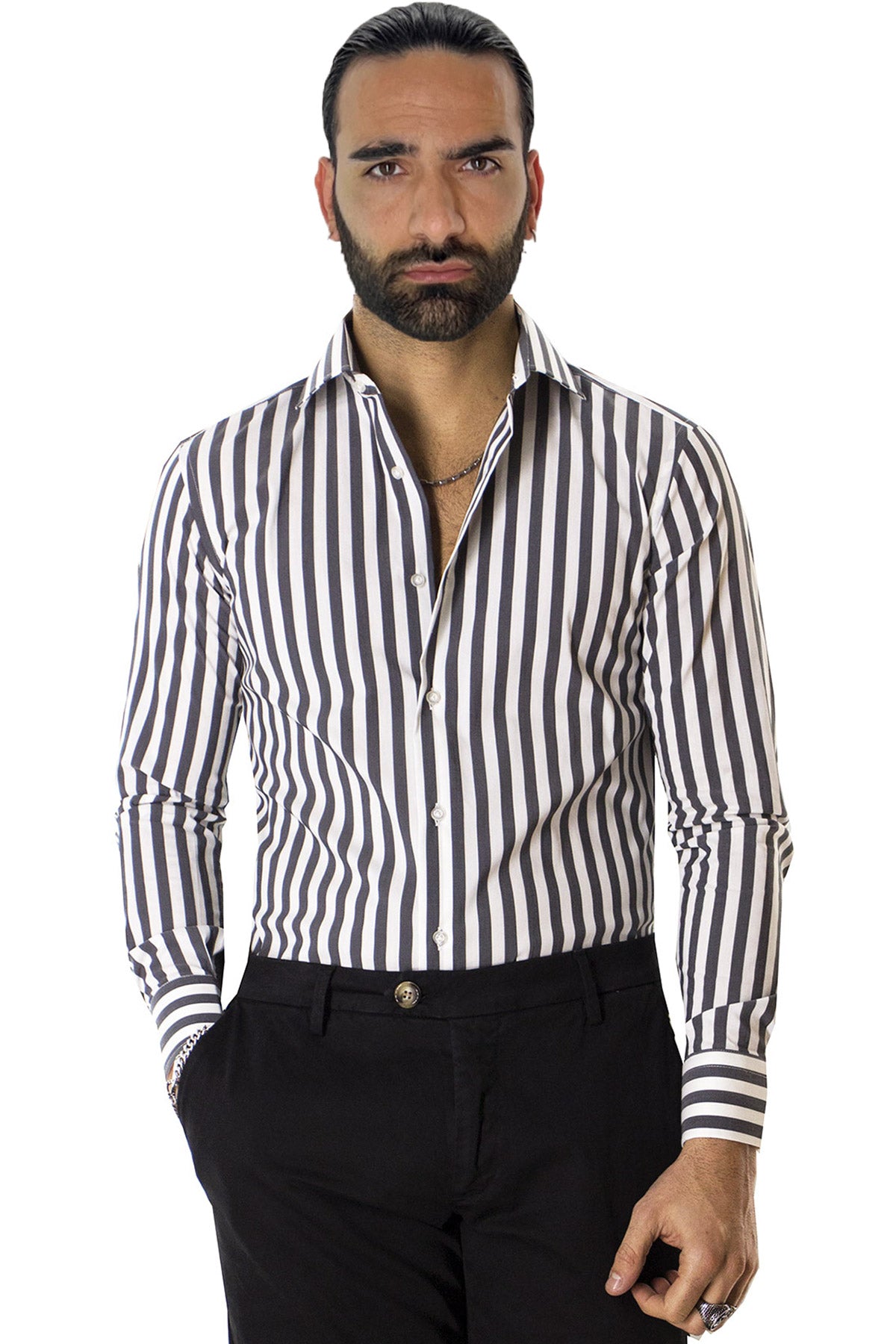 Camicia Uomo Righe Larghe slim fit cotone elastico Collo semi francese Made In Italy