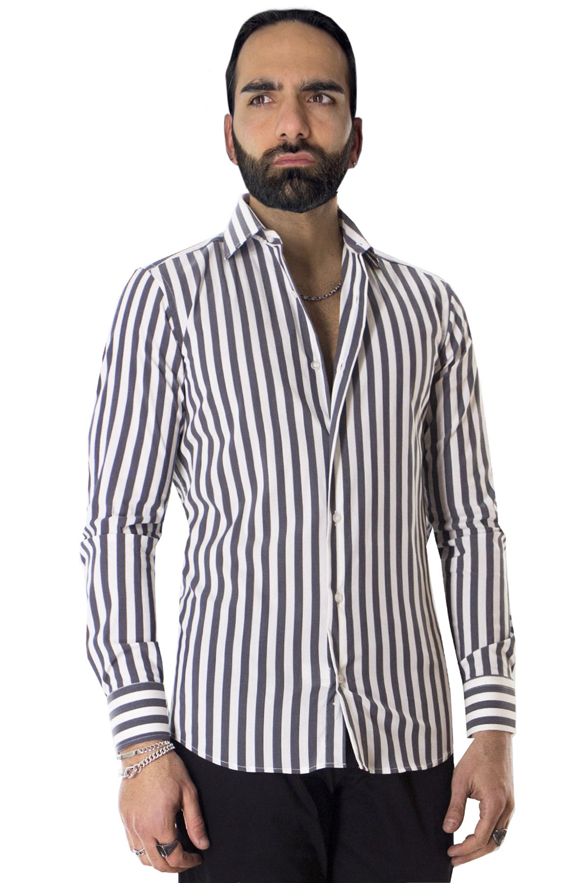 Camicia Uomo Righe Larghe slim fit cotone elastico Collo semi francese Made In Italy