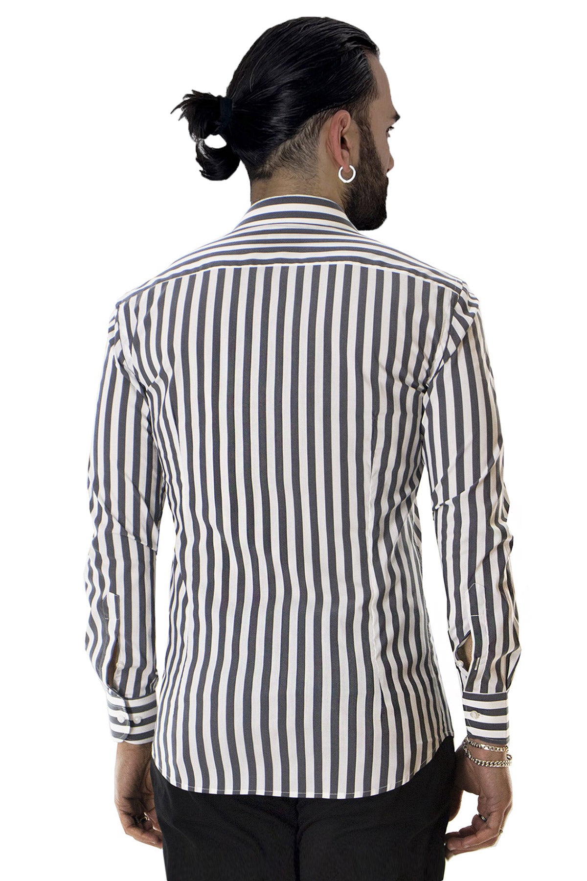 Camicia Uomo Righe Larghe slim fit cotone elastico Collo semi francese Made In Italy