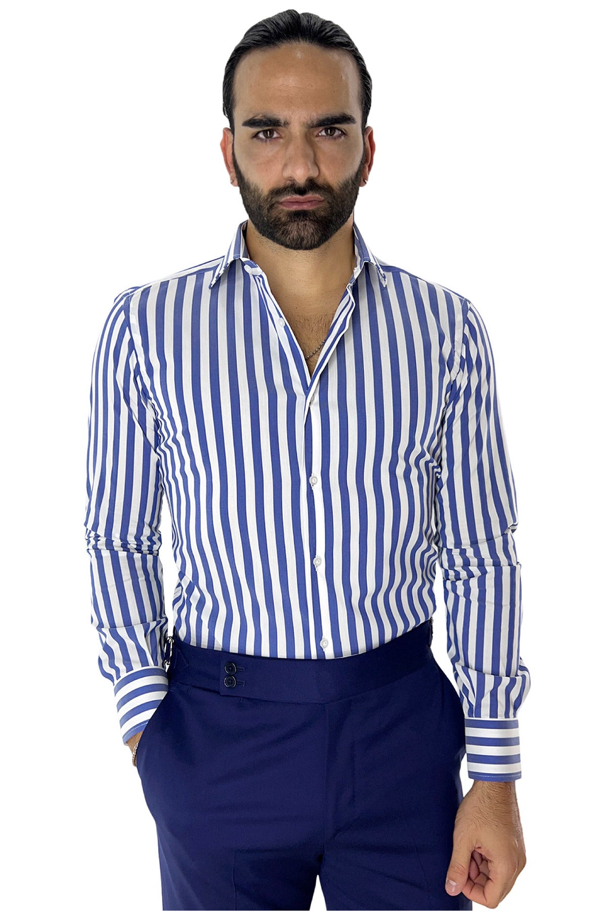 Camicia Uomo Righe Larghe slim fit cotone elastico Collo semi francese Made In Italy